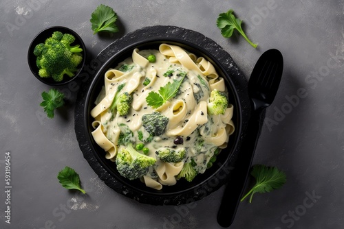 Foto Pasta with green vegetables and creamy sauce in black bowl on grey stone background