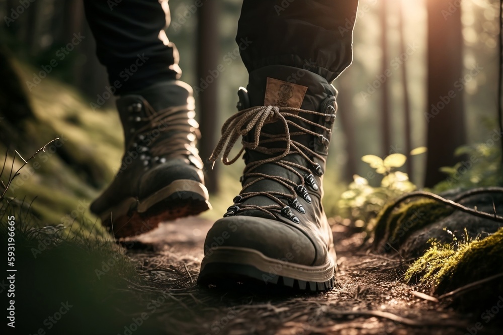 Male hiker walking and climbing in a forest with close-up of hiking boots from front view in sunny weather. Generative AI