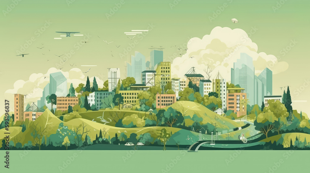 Natural capital in sustainable green city development scene outline concept. Ecological and environmental town with lush vegetation and housing vector illustration. Beauty area for future lifestyle. - obrazy, fototapety, plakaty 