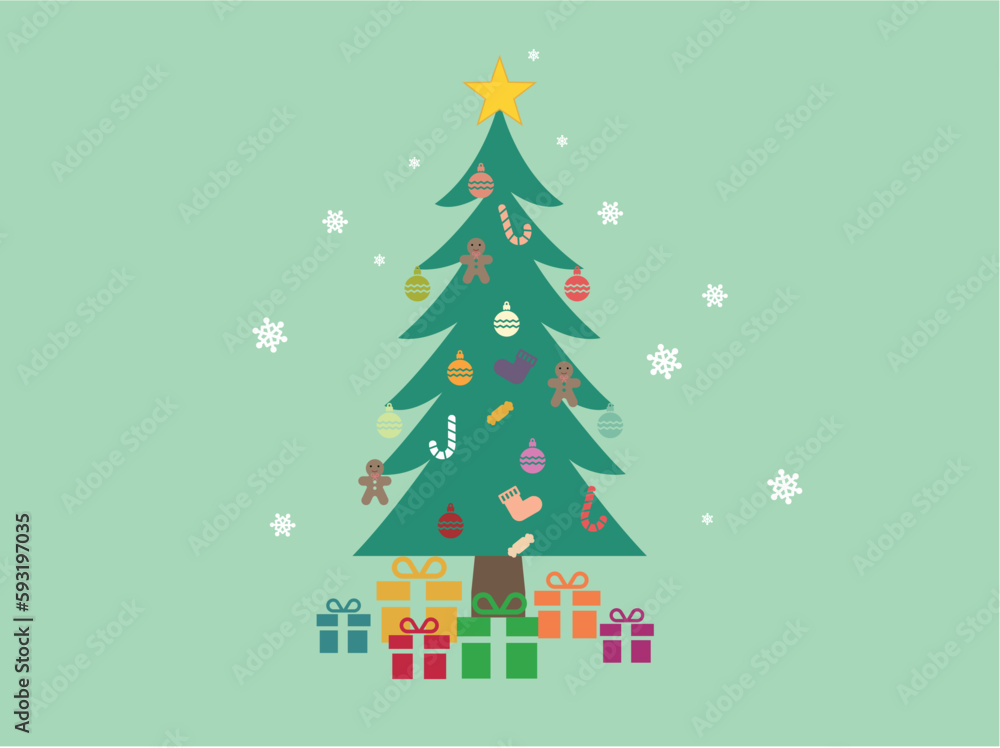 Fototapeta premium Christmas background with decorated tree and gift boxes. Colorful flat presents for holiday. Modern design. Vector illustration