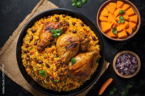Top view of homemade arabian rice and chicken kabsa. Generative AI