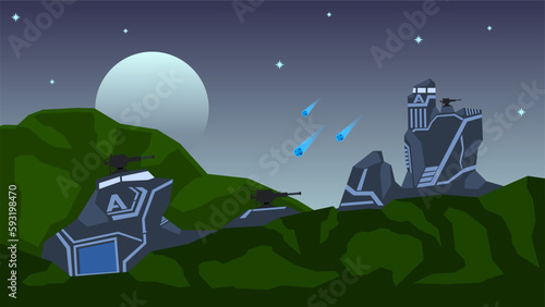 Science fiction landscape vector illustration. Secret base landscape background. Mountain in the future planet. Science fiction vector for background, wallpaper, display or illustration