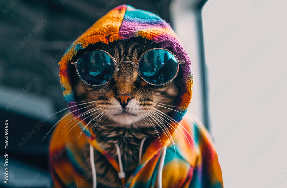 Cat in colorful bauhaus sunglasses and hoodie, home interior on the background. Travel, Funny, Holidays concept. Generated Ai