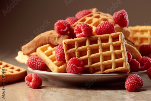 Belgian waffles with raspberries.