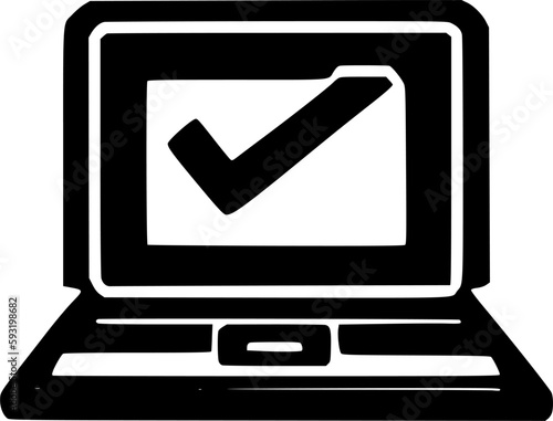 black individual laptop with check mark line icon, simple successful system procedure flat design pictogram, infographic vector for app logo web button ui ux interface component isolate on white