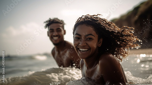 Black young couple has fun chasing each other in the beach. Generative AI