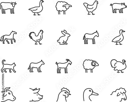 Vector set of farm animals line icons. Contains icons cow, horse, goat, goose, donkey, rooster, pig, duck and more. Pixel perfect.