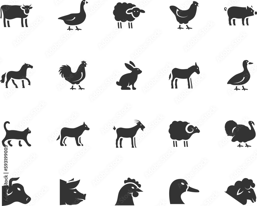 Vector set of farm animals flat icons. Contains icons cow, horse, goat ...
