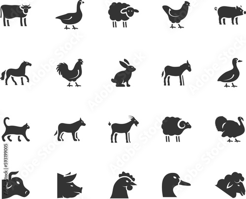 Vector set of farm animals flat icons. Contains icons cow  horse  goat  goose  donkey  rooster  pig  duck and more. Pixel perfect.