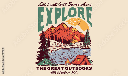 Outdoor at the mountain retro print design for t shirt and others. Camping beside of lake graphic artwork. Explore more print design.