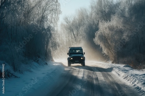 Vehicle on a snow-covered road in the winter. Generative AI © Lasvu