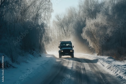 Vehicle on a snow-covered road in the winter. Generative AI