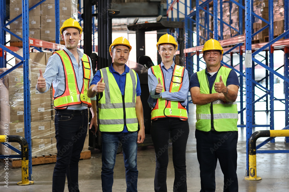 Group of warehouse workers with hardhats and reflective jackets standing and showing thumb up celebrate successful or completed deal commitment at retail warehouse logistics, distribution center Group of warehouse workers with hardhats and reflective jackets standing and showing thumb up celebrate successful or completed deal commitment at retail warehouse logistics, distribution center