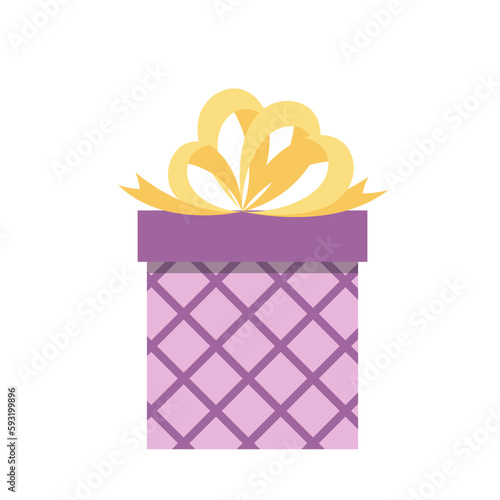 Gift box. Purple checkered present box with yellow bow. Flat, cartoon, vector