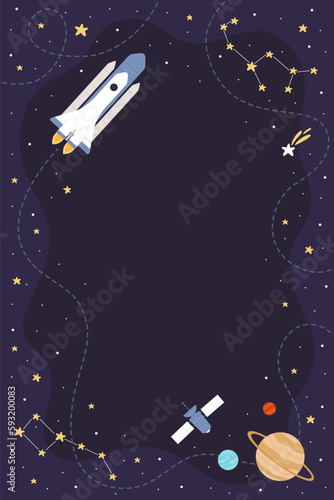 Cartoon spaceship flying in night sky to explore galaxy along route line, blue cosmos background with constellation pattern, planets solar system stars. Space exploration vertical vector illustration