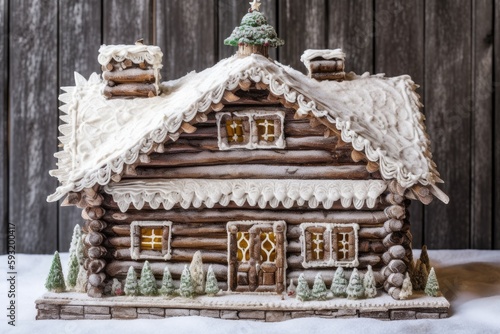 Over a wooden backdrop, a gingerbread house coated with snow. Generative AI