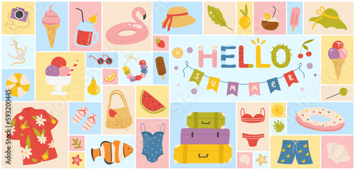 Cartoon inflatable flamingo toy and sunglasses, shorts and ice cream, tropical paradise fruit stickers in geometric collage background. Hello summer, happy travel vacation set vector illustration