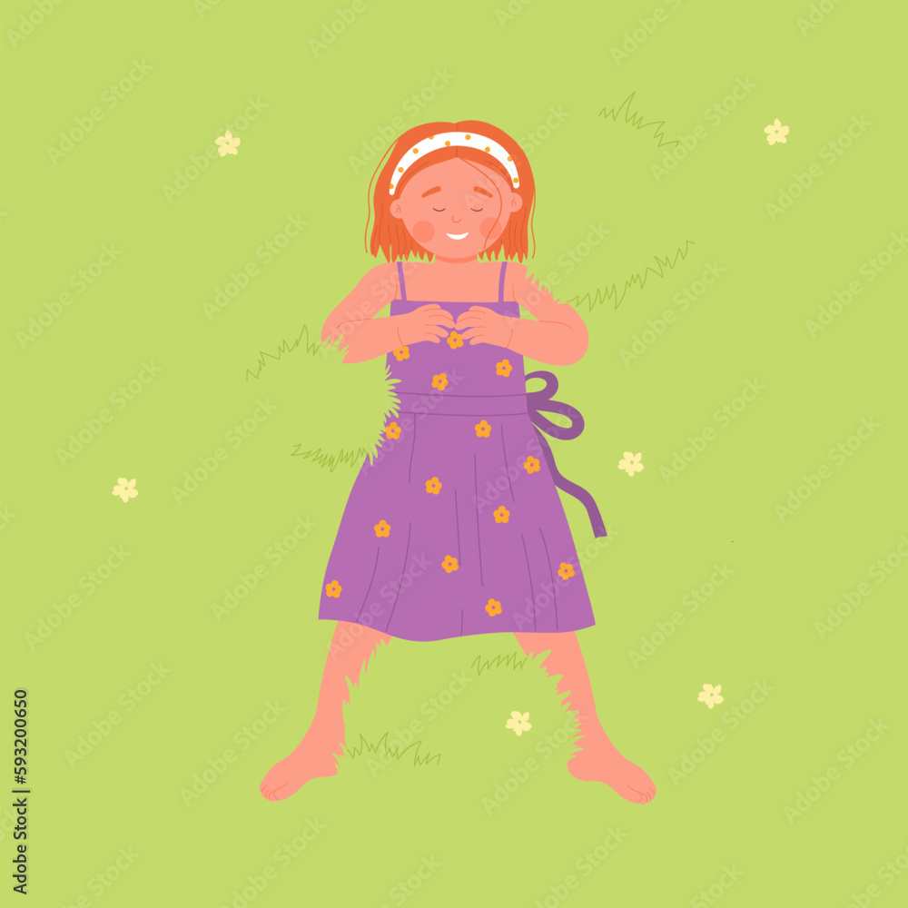 Childhood top view concept. Happy cute red hair girl lying on carpet grass in park or garden, top view vector illustration