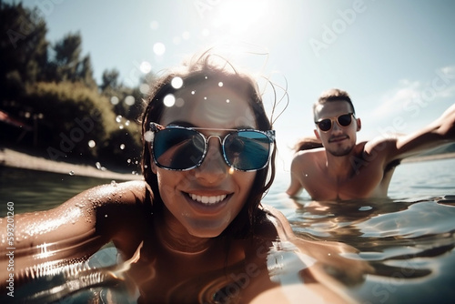 Close up picture of a young couple wearing sunglasses and having fun in summer at water. Generative AI