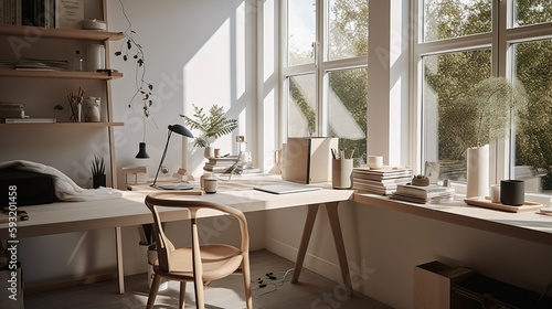 modern office interior, luxury wooden table in a bright room.