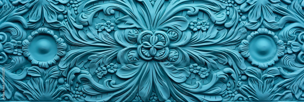 Textured relief background of floral ornaments. Blue background in the format of a wide banner. Generative AI