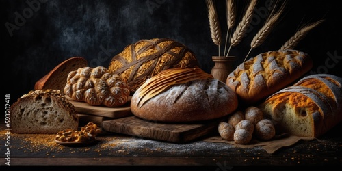 Various baked products are shown on a wooden table against a black background. Gold rustic crusty bread loaves and buns represent a bakery theme. Capturing still life, banner design. Copy space