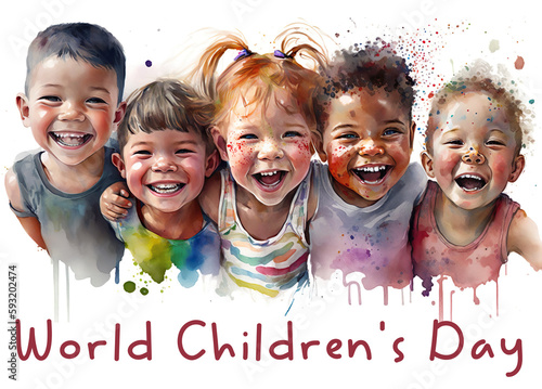 Fotografija World Children´s Day text with happy little children arm-in-arm, watercolor illustration
