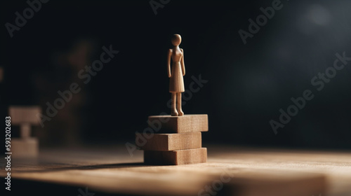 Wooden woman standing on top of a wooden podium. Concept of leadership and success photo