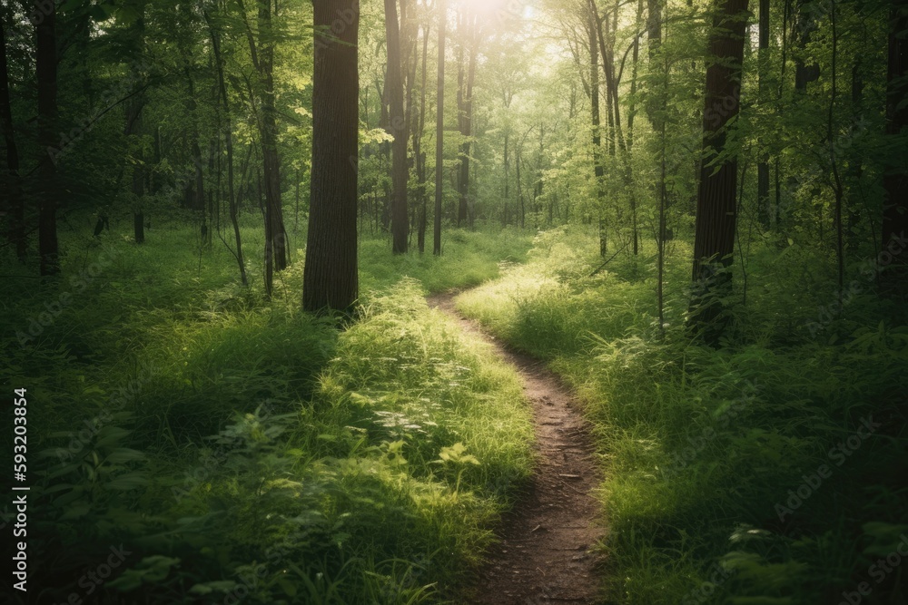 In the center of a forest, there was a walkway lit by the sun through the trees. Generative AI