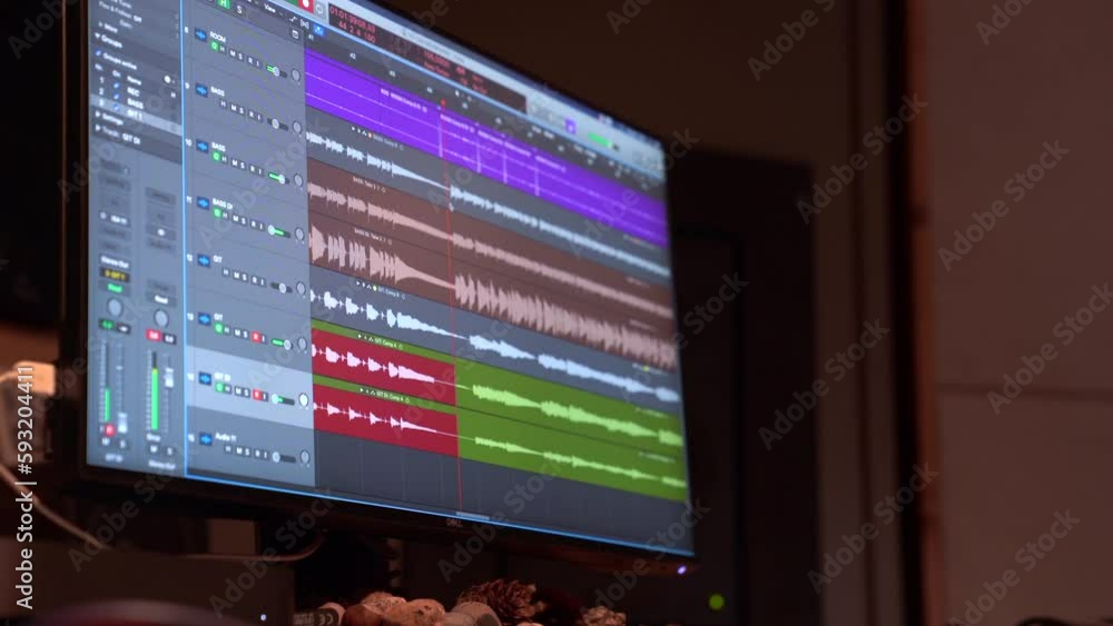 Sound mixing channels visible in monitor in recording studio during recording song close up Sound mixing channels visible in monitor in recording studio during recording song close up