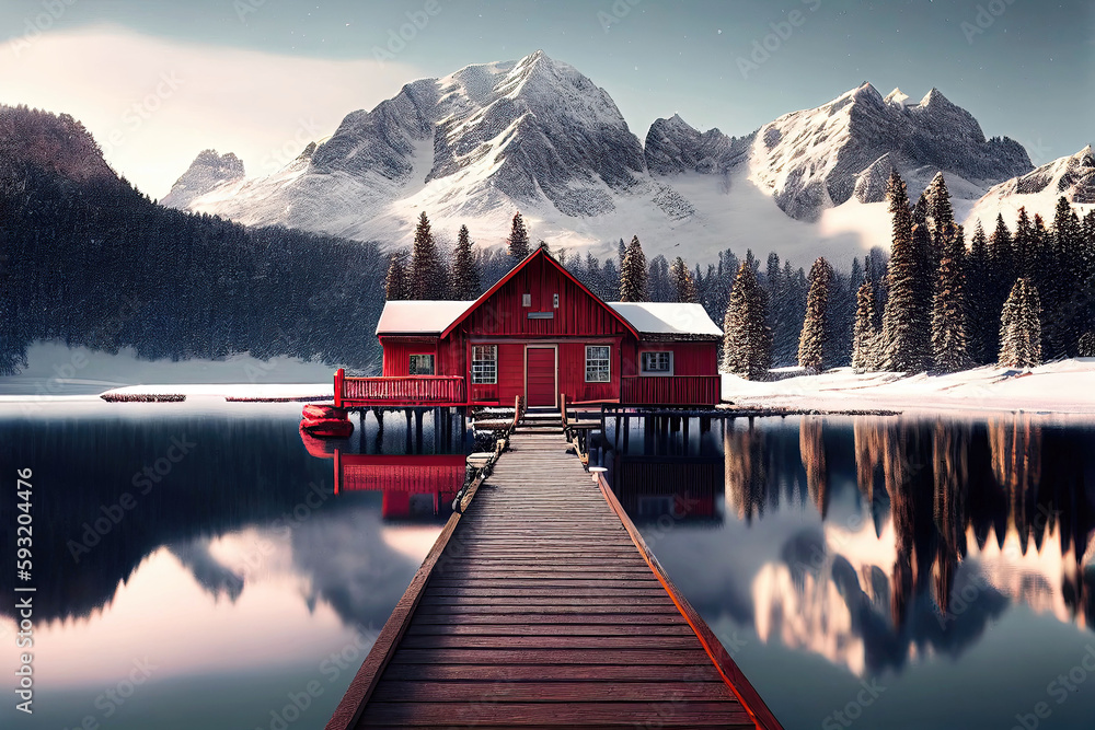 Beautiful red wooden house in the middle of a lake with mountain ...