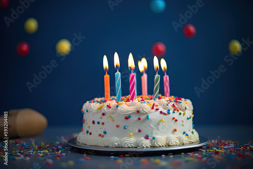 Birthday cake with candles and white cream on a blue background. Ai generative