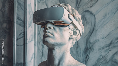Statue of man wearing virtual reality goggles against background of gray concrete wall. Bust of male with glasses. Generative AI. High quality illustration