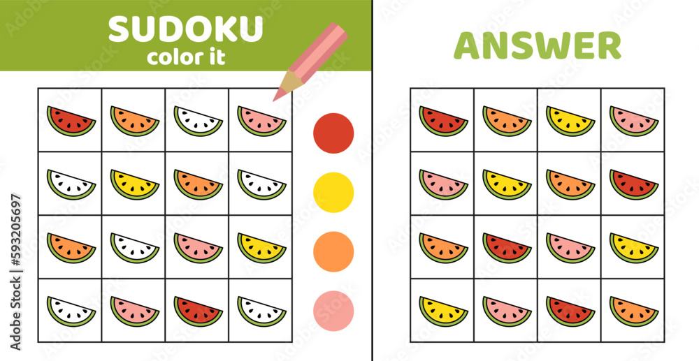 Sudoku. Watermelon. Coloring sudoku with watermelon. Cartoon