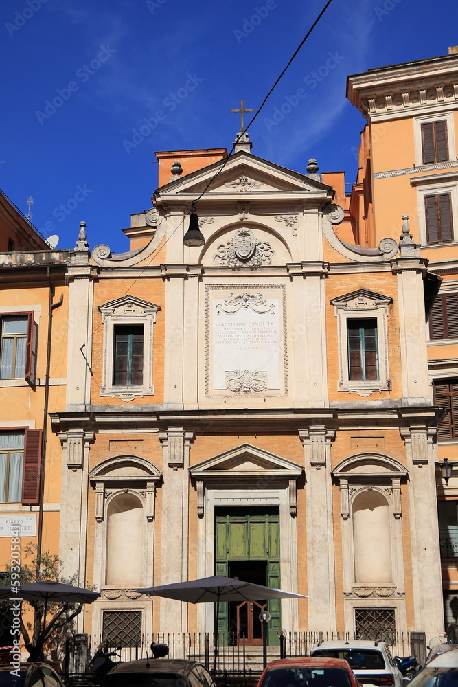 Rome Street View with Oratorio del Crocifisso Church Facade, Italy