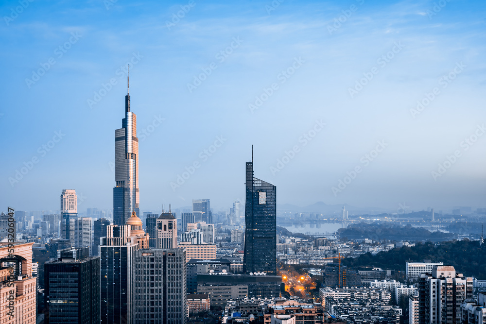 Fototapeta premium Twilight scenery of Zifeng building and city skyline in Nanjing, Jiangsu, China