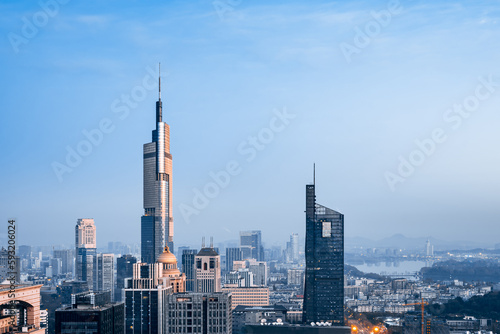 Twilight scenery of Zifeng building and city skyline in Nanjing, Jiangsu, China