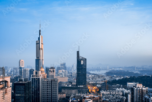 Photography Twilight scenery of Zifeng building and city skyline in Nanjing, Jiangsu, China