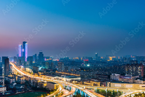 Night view of Saihong Bridge and city skyline in Nanjing  Jiangsu  China