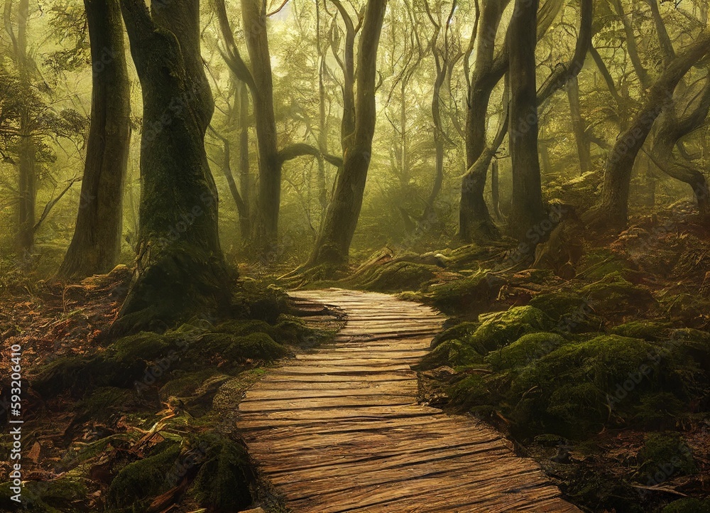 Naklejka premium Whimsical scenery of a wooden pathway in a dark foggy magical forest with tall trees and greenery