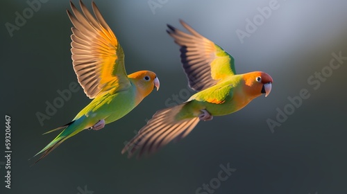 Lovebirds in Flight - Graceful birds with vibrant feathers soaring through the sky photo