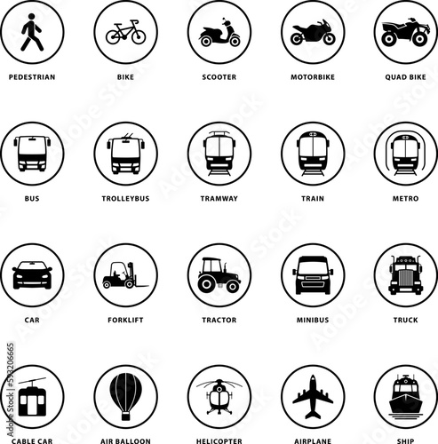 Transport Silhouette Icon Set. Car, Bus, Tram, Train, Metro, Ship, Plane, Icon. Isolated Vector Illustration.