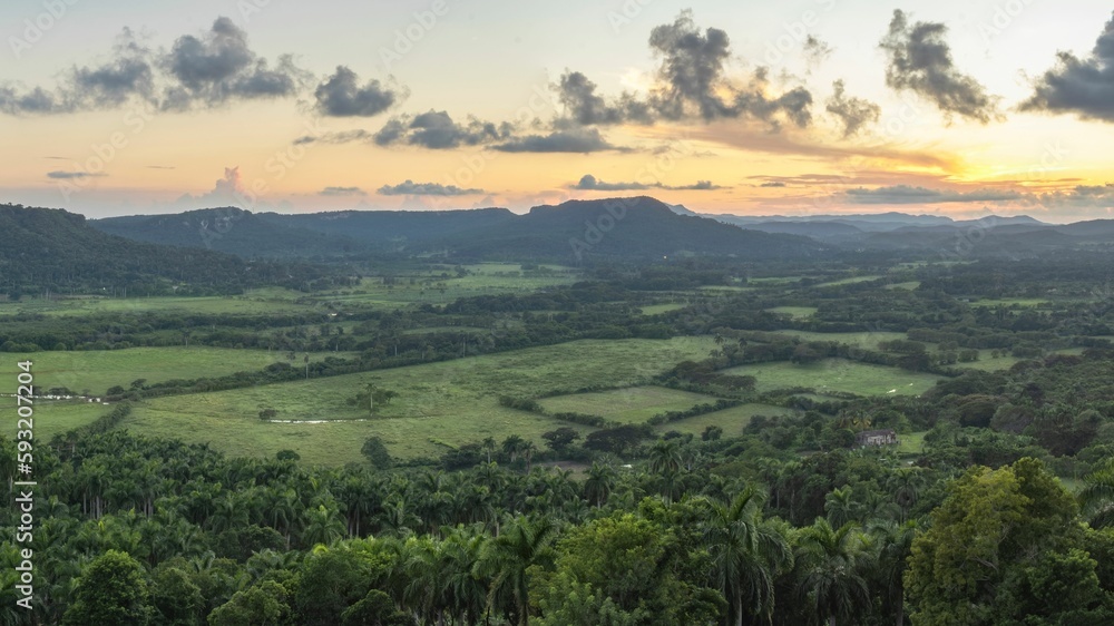 Bird's eye view of fields and forests during a sunset in Cuba