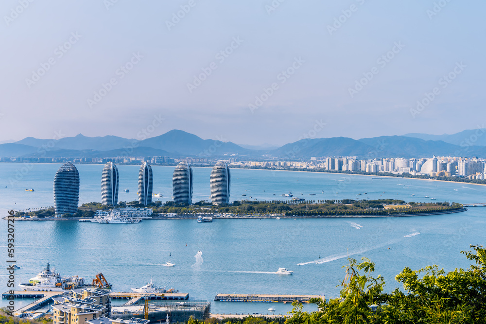 Naklejka premium Aerial photography of Phoenix Island and cityscape in Sanya, Hainan, China