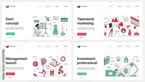 Management and launch of marketing campaign, start of professionals teamwork, investment set vector illustration. Cartoon tiny people plan business targets with calculator and spotlight, work online