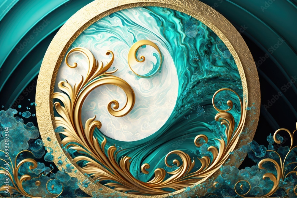 Eastern styled luxury art with aquamarine. Natural Design. abstract visual arts. Beautiful background, invitation, and greeting card decor. Marble's swirls are incorporated into style. Generative AI