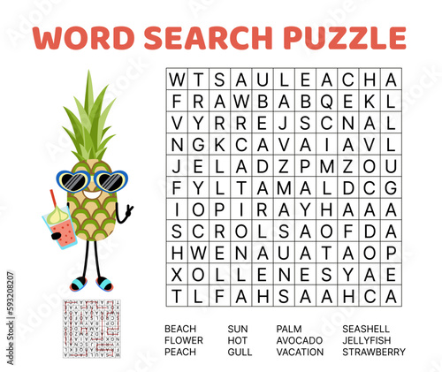 Summer word search game puzzle for kids. Vacation, beach, sea. English words. Cartoon, vector photo