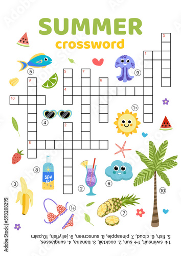 Crossword of words on summer theme. English words. Educational puzzle game for kids. Cartoon, vector