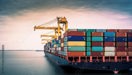 Container ship carrying container boxes import export dock with quay crane. Business commercial trade global cargo freight shipping logistic and transportation worldwide oversea concept. Generative AI