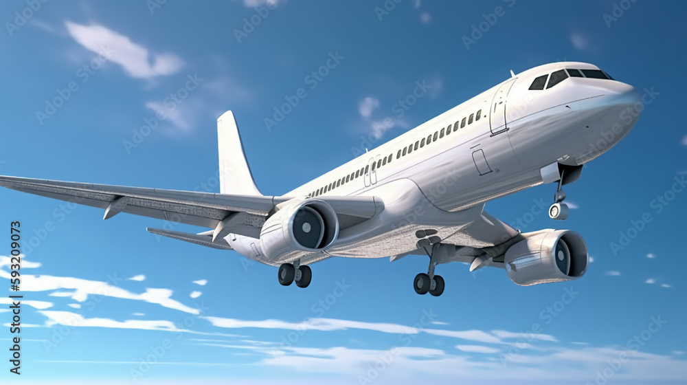Commercial airplane flies high in blue sky above white clouds. Adventure and travel concept. Generative AI. Commercial airplane flies high in blue sky above white clouds. Adventure and travel concept. Generative AI.